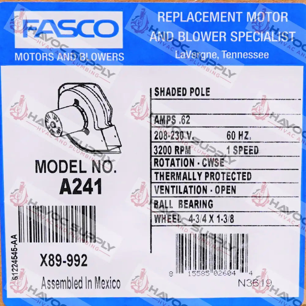 A241 - 1/25 HP RHEEM INDUCER ASSEMBLY - HAVOC SUPPLY, LLC