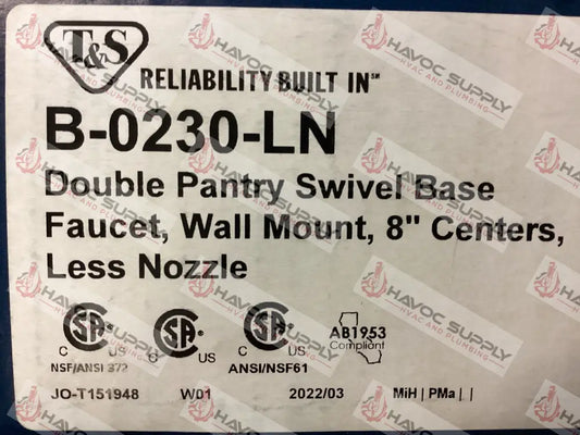 B-0230-LN - T&S 8" CENTER SWIVEL BASE FAUCET LESS NOZZLE - HAVOC SUPPLY, LLC
