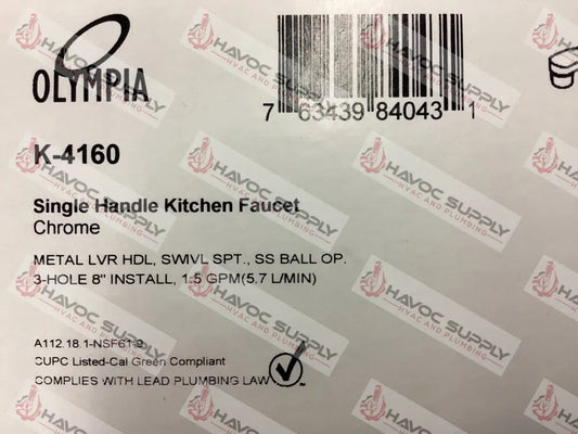 K-4160 - OLYMPIA SINGLE HANDLE CHROME KITCHEN FAUCET - HAVOC SUPPLY, LLC
