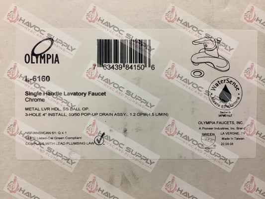 L-6160 - OLYMPIA SINGLE HANDLE CHROME LAVATORY FAUCET - HAVOC SUPPLY, LLC