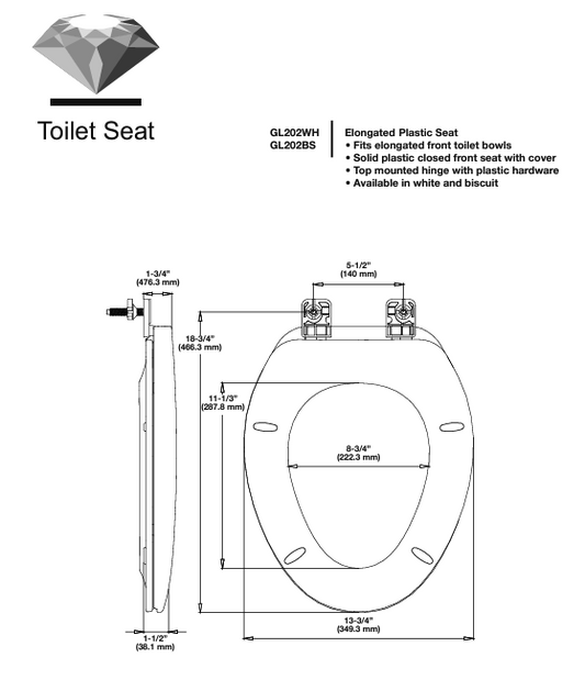 GL202WH - GEMLINE ELONGATED PLASTIC TOILET SEAT