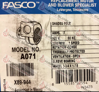 A071 - FASCO INDUCER ASSEMBLY - SO - HAVOC SUPPLY, LLC