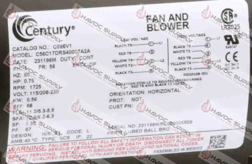 C666V1 - 3/4 HP EXHAUST FAN MOTOR MOTORS