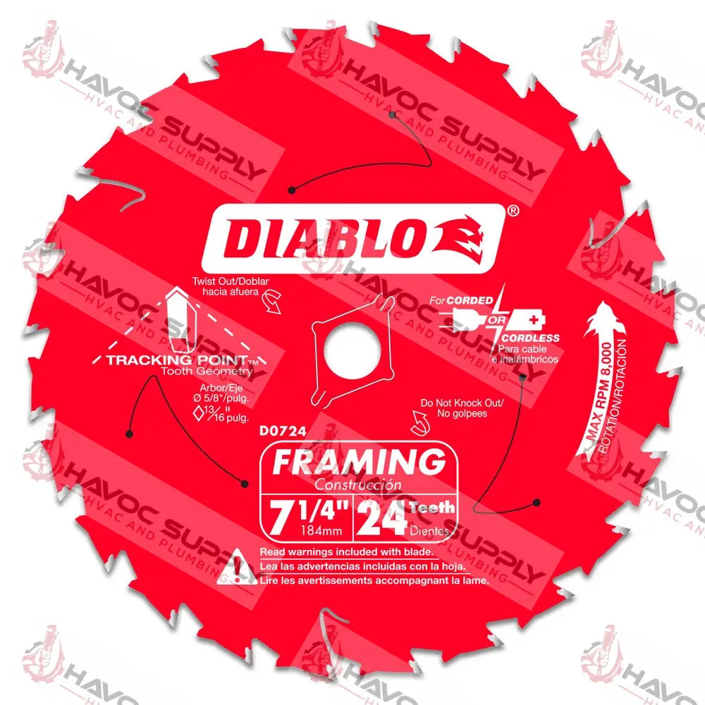 D0724X - DIABLO 7-1/4 X 24 TOOTH X 5/8 FRAMING CIRCULAR SAW BLADE - SO - HAVOC SUPPLY, LLC