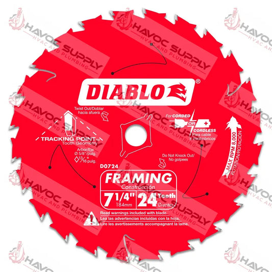 D0724X - DIABLO 7-1/4 X 24 TOOTH X 5/8 FRAMING CIRCULAR SAW BLADE - SO - HAVOC SUPPLY, LLC