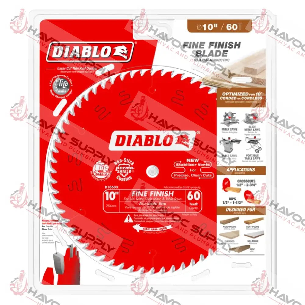 D1060X - DIABLO 10" X 60 TOOTH COMBO SAW BLADE CIRCULAR SAW - SO - HAVOC SUPPLY, LLC