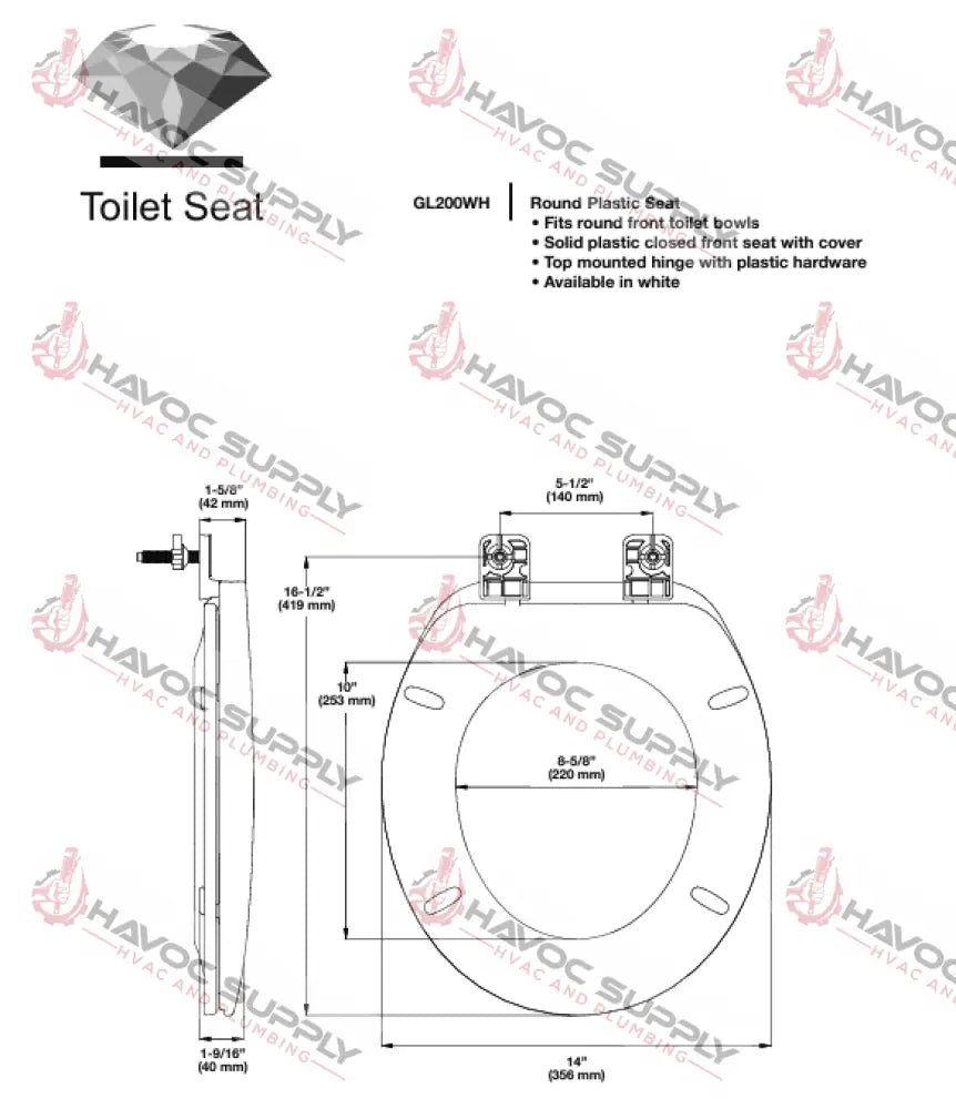 GL200WH - GEMLINE ROUND PLASTIC CLOSED FRONT TOILET SEAT - HAVOC SUPPLY, LLC