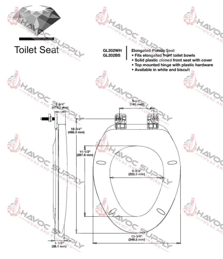 GL202WH - GEMLINE ELONGATED PLASTIC TOILET SEAT - HAVOC SUPPLY, LLC