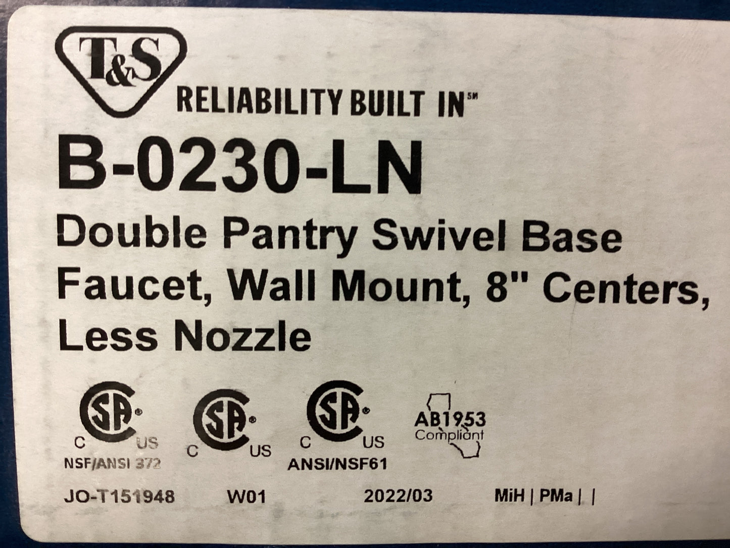 B-0230-LN - T&S 8" CENTER SWIVEL BASE FAUCET LESS NOZZLE