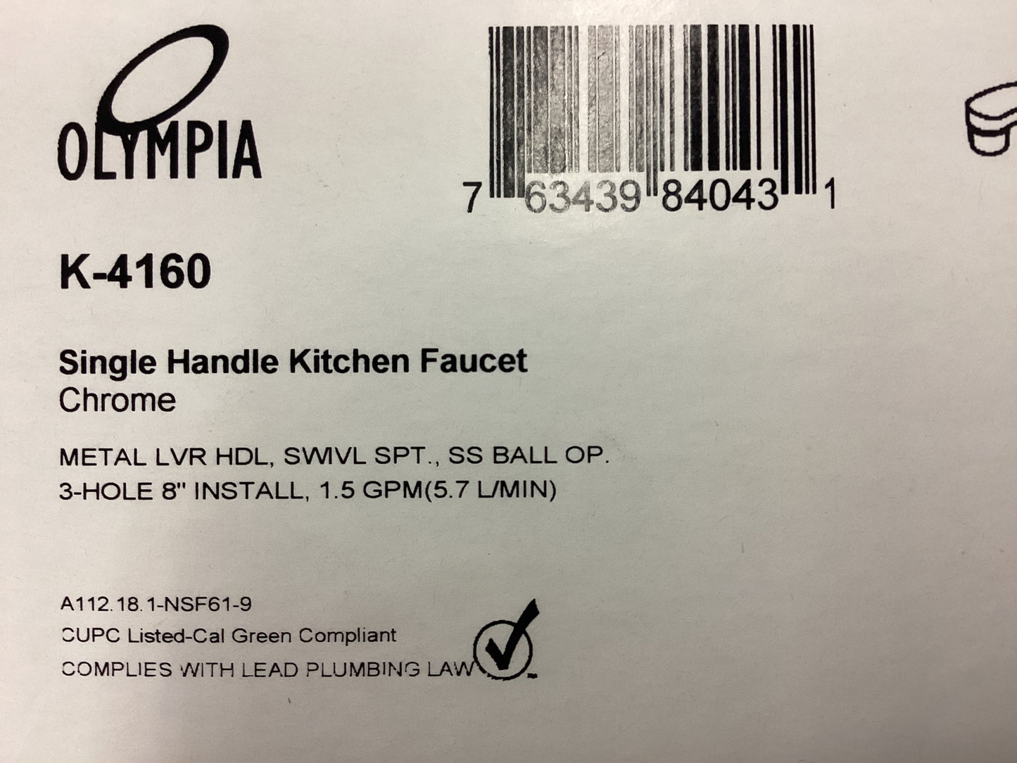 K-4160 - OLYMPIA SINGLE HANDLE CHROME KITCHEN FAUCET