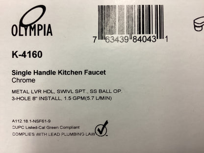 K-4160 - OLYMPIA SINGLE HANDLE CHROME KITCHEN FAUCET